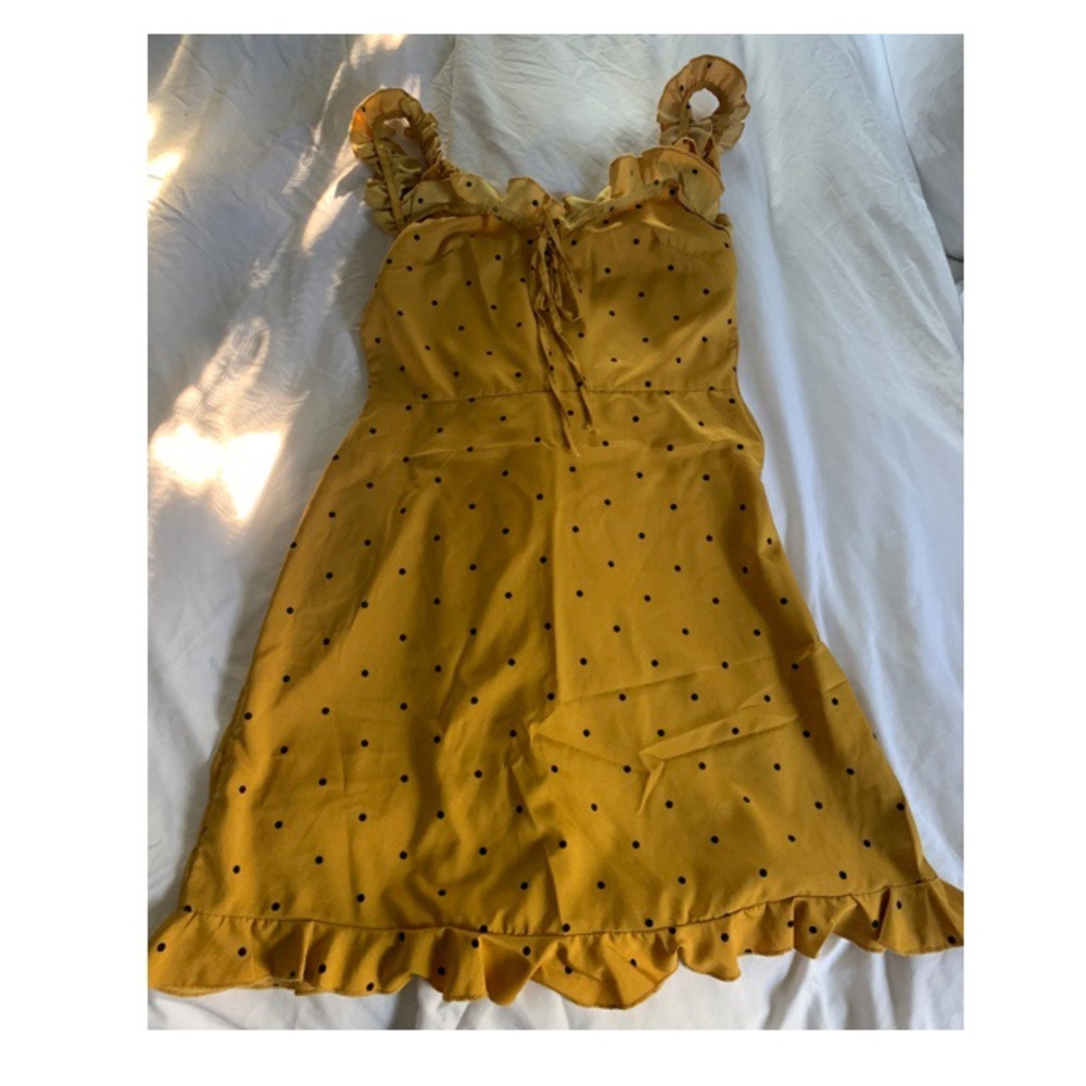 Mustard polka dot dress.